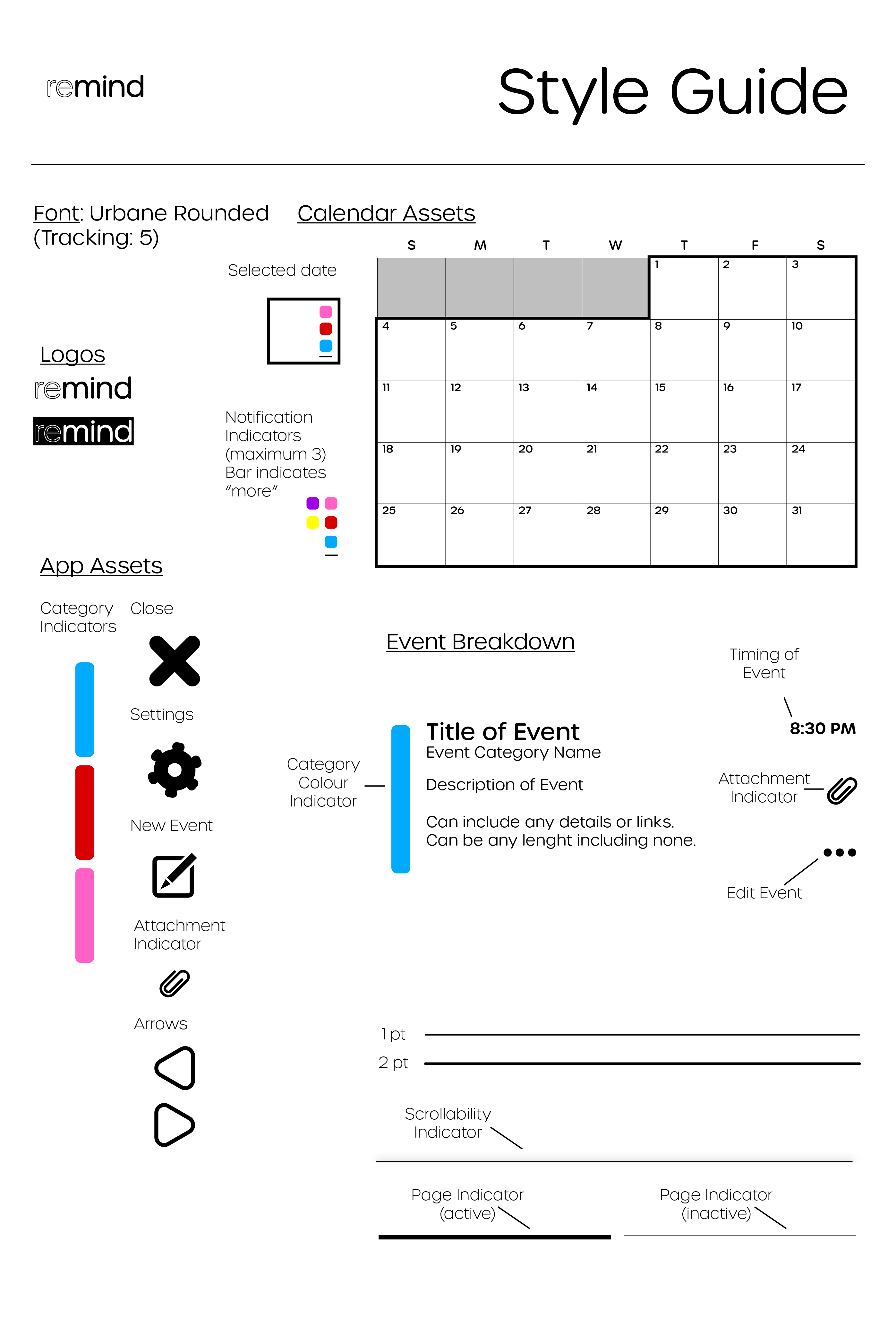 the final style guide for the remind app, the guide features a calendar and other schedule related icons.