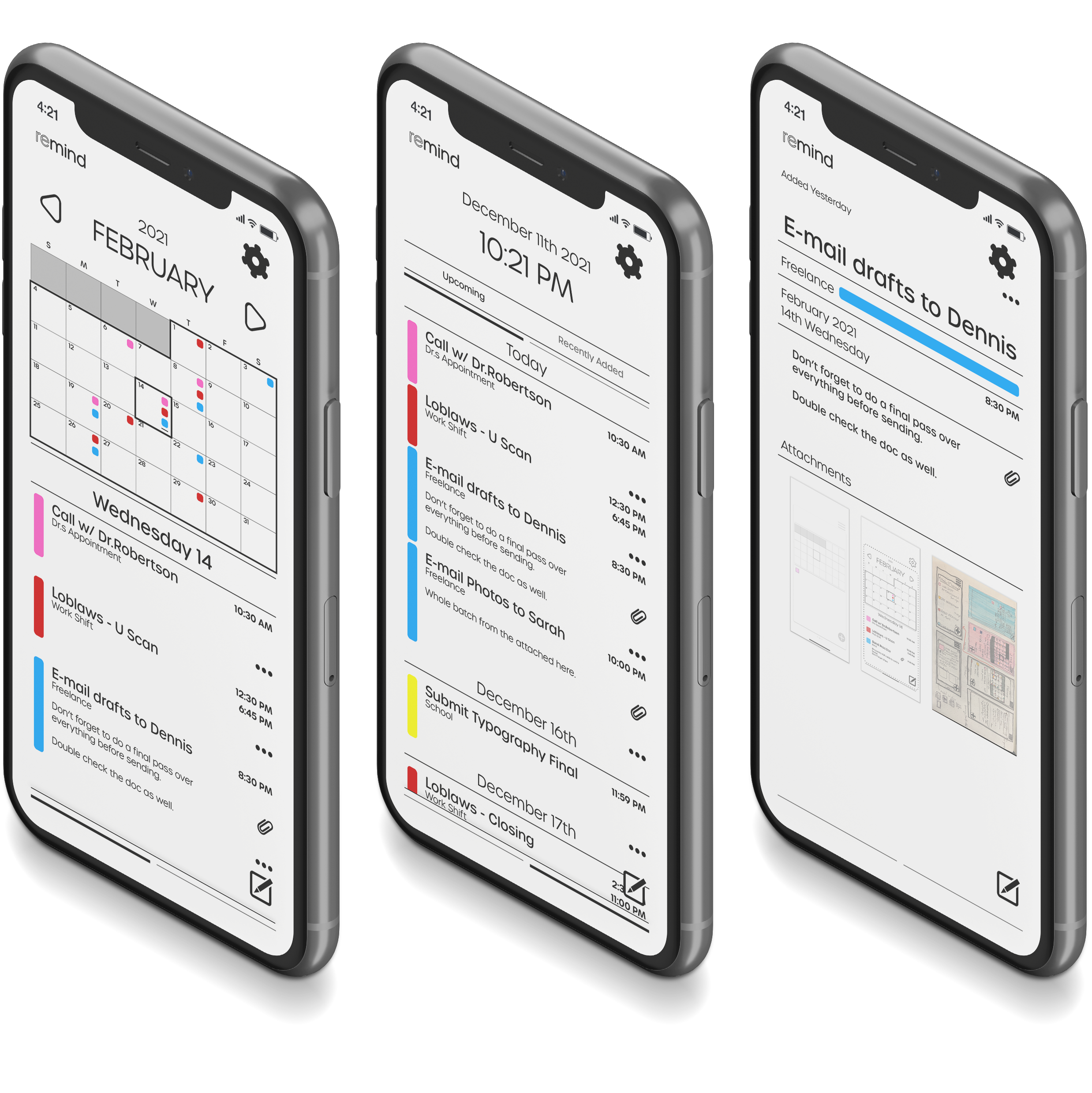 three iphones in a row, each displays a different page from the remind app